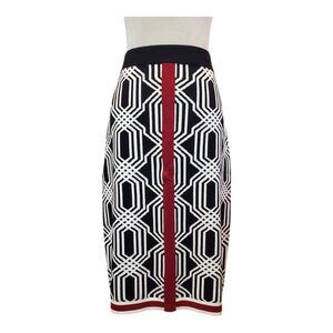 NEW YORK & CO SZ XL Geometric Print Woven Stretch Sweater Pencil Skirt Black Red